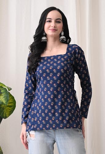 Image of MEERA FAB Women's Floral Printed Cotton Short Kurta Square Neck | Floral Printed Kurta with Full Sleeves | Short Kurti for Women
