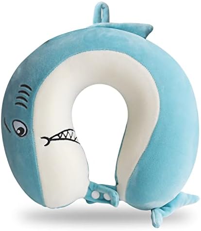 Cute Travel Pillow for Kids & Adults, 100% Pure Memory Foam U-Shaped Neck Pillow with Washable Cover, Comfortable Head Support Travel Accessories for Airplane Car Train Bus Recline,Shark