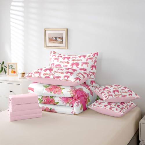 Image of Erosebridal Pink Floral Bowknot Bed in A Bag Twin 7 Piece Girly Bows Ribbons Comforter Set Valentine Flowers Bedding Sets for Kids Girls Bow Tie Princess Sheet Set with Comforter