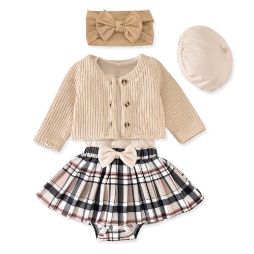 Aalizzwell Preemie Girl Clothes Premature Baby Fall Winter Bodysuit Skirt Outfit with Cardigan Spring Clothing Plaid Apricot