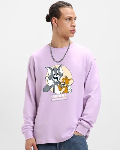 Image of Bewakoof Official Tom & Jerry Merchandise Men's 100% Cotton 220 GSM Graphic Print Oversized Fit Round Neck T-Shirt