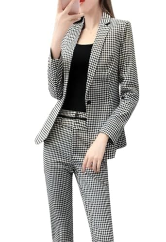 Image of Women's Suit Blazer 3 Piece Elegant Plaid Set Fashion Vintage Office Business Casual Single Breasted Blazer Jacket Pant Set-Black and White