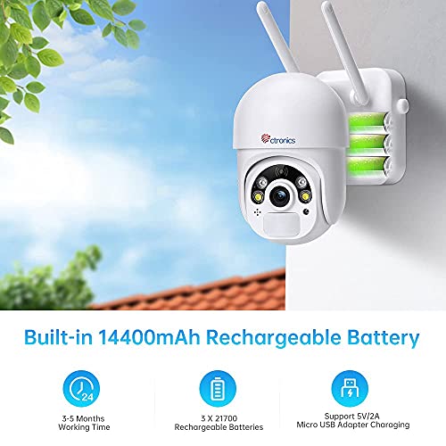 Outdoor Security Camera Battery Powered, Ctronics WiFi Wireless Security Camera Pan/Tilt with Color Night Vision, PIR and Radar Dual Detection, 2-Way Audio for Home Surveillance System - Thumbnail 5