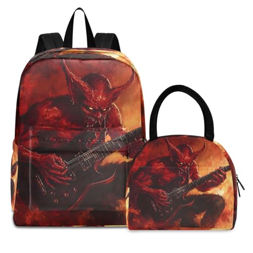 Backpack Lunch Box Set Large Capacity Travel Backpacks and Insulated Lunch Bag for Commute Hiking Picnic Devil Red Print