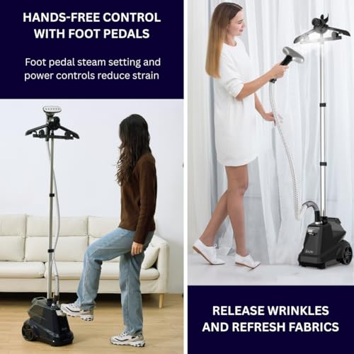 SALAV Heavy Duty Commercial Full-Size Garment Steamer with Foot Pedals and Extra Large 3L (101.5 oz) Water Tank, 1800 watts of Poweful Steam (Navy)