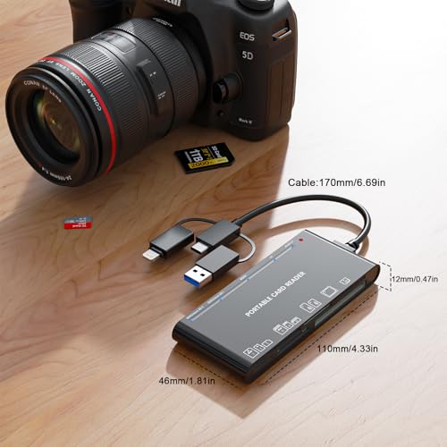 Multi Card Reader for SD/Micro SD/TF/XD/CF/MS - 7-in-1 Memory Card Reader with Lightning, Type-C, and USB-A Connectors for Windows, Mac, Android, iPhone/iPad