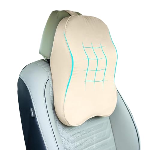 Image of WELLGIVER Orthopedic Memory Foam Car Neck Rest Pillow - Cervical Support Cushion for Neck Pain Relief, Adjustable Strap - Universal Fit for All Cars | Beige Velvet