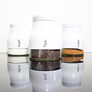 JJA Kitchen Storage Canister Set of 3 Pcs, Tea, Coffee and Sugar, Glass Jar with Screw Lid, Kitchenware for Avid Tea & Coffee Drinkers (WHITE)