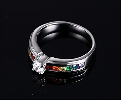 JAJAFOOK 316L Stainless Steel LGBT Gay& Lesbian Pride Rainbow CZ Cubic Zirconia Wedding Engagement Rings4