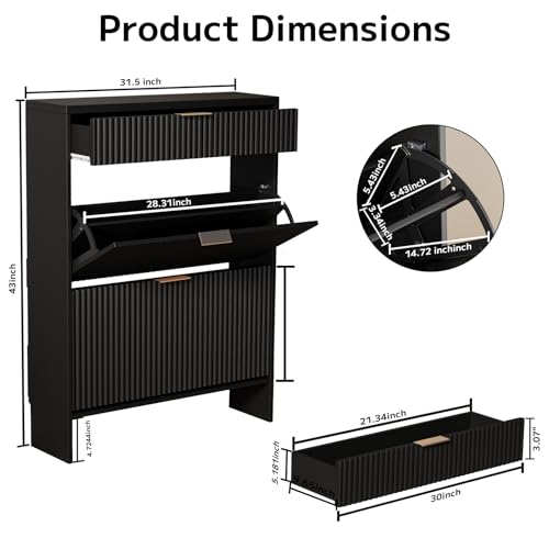 Image of Fluted Shoe Cabinet Storage with 2 Flip Drawers & 1 Drawers, Wood Narrow Hidden Shoe Cabinet for Entryway, Freestanding Slim Shoe Rack Organizer for Foyer Hallway Living Room(Black)