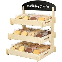 3 Tier Cookie Display Stand for Vendors, Wooden Cookie Stand with Chalkboard Sign, Tool-Free Easy Assembly, Multi-Use Cookie Stand for Market Booths, Home Bakeries, Parties & Small Shops