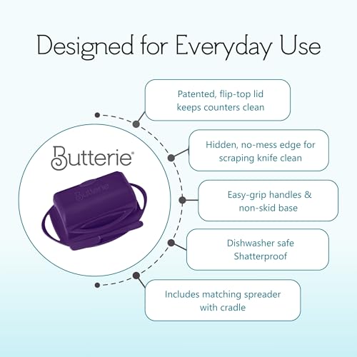 Image of Butterie Flip Top Butter Dish, Purple | Attached Lid & Matching Knife, Holds 2 Sticks, Fits Kerrygold /European Butter, BPA Free & Dishwasher Safe