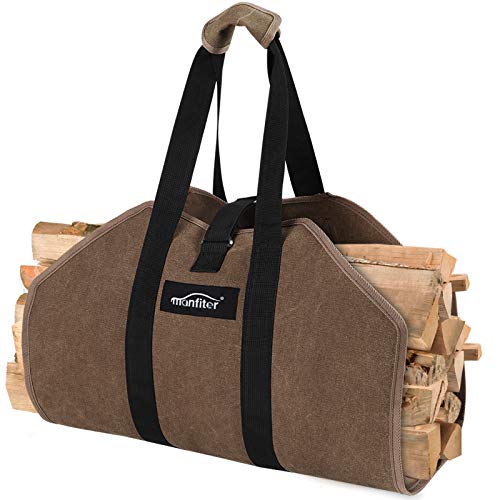 Manfiter Firewood Carrier Tote Bag, Waxed Canvas Log Carrier Large Sturdy Durable Fireplace Stove Accessories Firewood Bag with Padded Handles, Wood Carrier for Outdoor Camping and Indoor Fire Pit