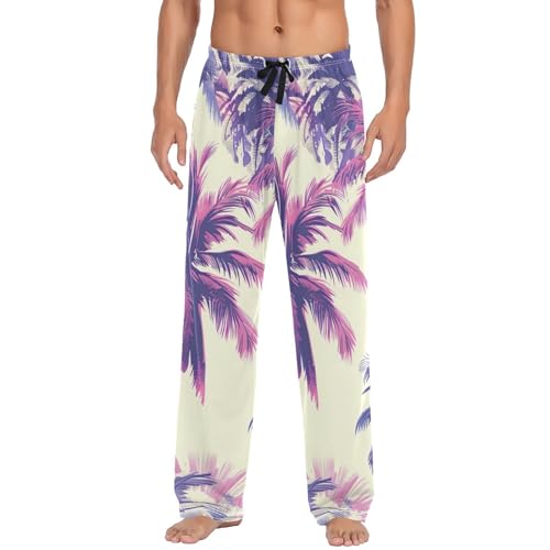 Men's Pajama Pants Violet Palm Trees Sleep Pajama Lounge Pant with Pockets, Elastic Waistband