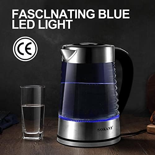 Podazz 2.2L Electric Kettle, Glass Kettle Led Kettles with Stainless Steel Inner Lid and Bottom, 2000 W 2.2L, Fast and Quiet Boil, Auto Shut-Off and Boil-Dry Protection, Cordless, Black, BPA Fre