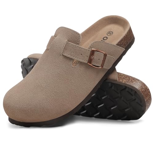 Image of ODOLY Genuine Suede Clogs for Women Men Soft Cork Footbed Leather Mules Comfort Potato Shoes with Arch Support