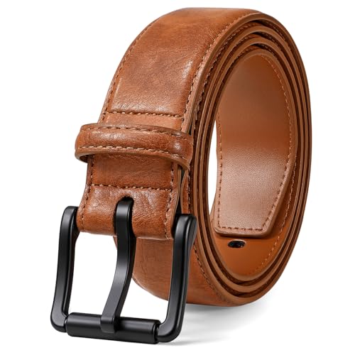 JASGOOD Men Non Metal Leather Belts for Jeans Pants Nickel Free TSA Approved Work Belt with Hypoallergenic Plastic Buckle Business Travel Dress Belts