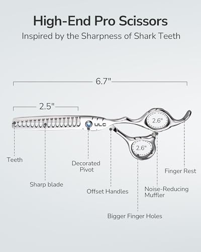 Image of ULG Hair Thinning Scissors 6.7 inch Shark Series 100% Japanese Stainless Steel, Offset Handle, 16-Tooth Fishbone Chunker 45% Hair Removal, Professional Barber Layering Shears for Salon & Home Hair Styling