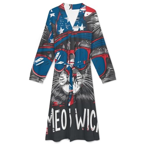 Cat U.S. Flag Meowica Soft Robe Long Sleeve Bathrobes V Neck Sleepwear Spa Robes with Belt Men Woman3