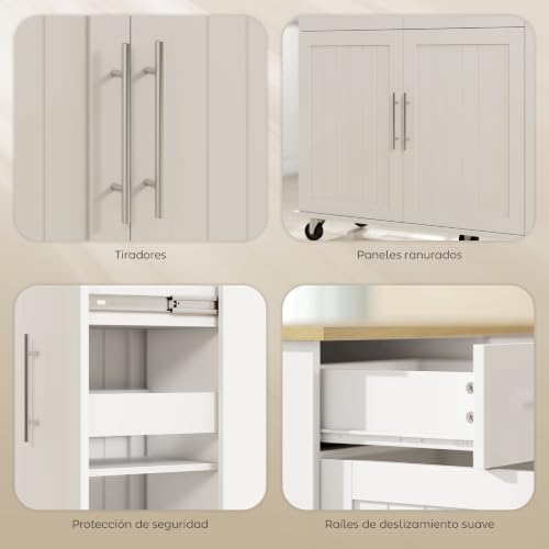 Miniatura 9 de Homcom Isla De Cocina Con Ruedas, Encimera Plegable, Carro De Cocina Con 2 Puertas Con Cierre Suave, Bandeja Extraíble De 3 Niveles, 2 Cajones, Toallero, Especiero, Blanco