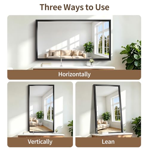 Image of Black Rectangle Mirror, 66 x 36 Inch Large Bathroom Mirrors | 0.6 inch Thickened Deep Frame Rectangular Wall Mirror, Brushed, Tempered Glass, Antirust, Horizontally /Vertically