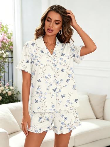 Image of SWOMOG Woman Pajama Set Short Sleeve Pjs Set 2Pcs Short Pajamas Button Down Ruffle Hem Sleepwear Soft Modal Loungewear