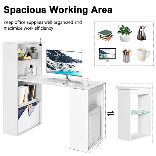 Tangkula White Computer Desk With Bookshelf, Writing Study Desk With Storage Shelves & Cpu Stand, Modern Compact Computer Workstation For Home & Office, Space-Saving Design #TOP5