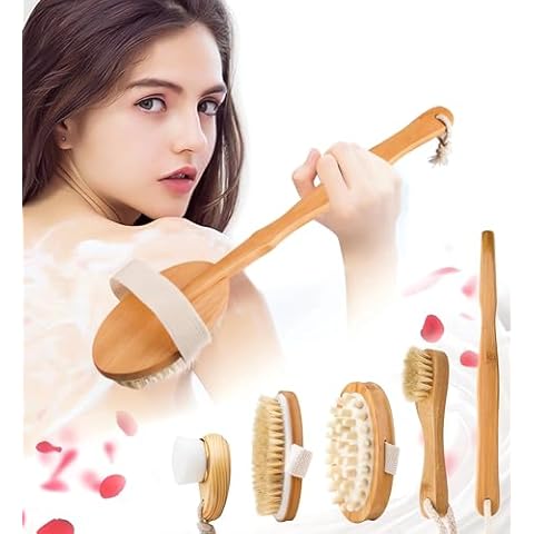 Premium Dry Brushing Body Brush Set for Lymphatic Drainage and Cellulite Treatment, Boar Bristle Long Handle Face Cleansing Brush for A Glowing Skin, 5 Pack Cover