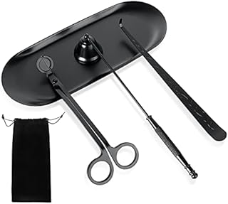 JMIATRY 5 Pcs Black Candle Accessory Set, 5 in 1 Stainless Steel Candle Care Tools Kit Include Wick Dipper, Candle Snuffer, Candle Wick Trimmer, Tray, Flannel Storage Bag for Candle Lovers