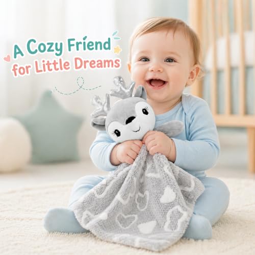 Image of June Garden Personalized Baby Deer Security Blanket - Custom Name Embroidered Grey Newborn Comforter - Soft Textured Plush Snuggle Lovey Toy