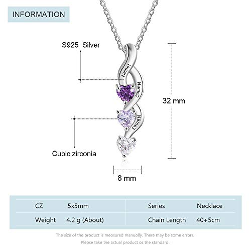 Tian Zhi Jiao Personalized 3 Names Simulated Birthstone Necklace For Mothers Custom Heart Drop Pendant Engraved Name Necklace For Women (Silver) #TOP5