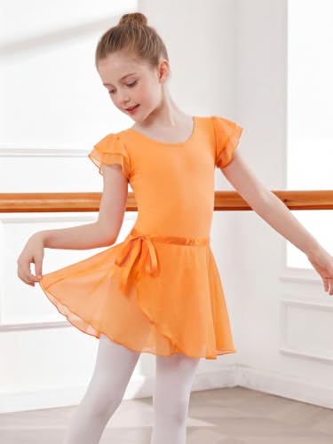 Image of EQSJIU Ballet Leotards for Girls with Removable Skirt Combo Tie Ruffle Sleeve Ballet Dance Dress Outfit 2-12 Years