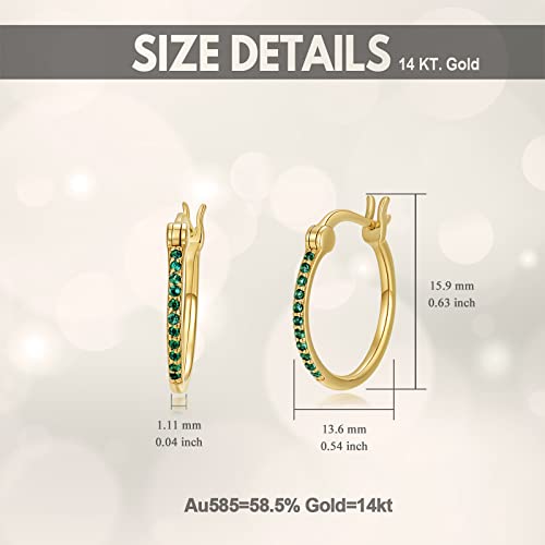 14K Gold Emerald Hoop Earrings, Solid Yellow Gold Created Emerald Green Hinged Hoops, St. Patricks Day Jewelry Birthstone Earrings for Women Ladies Her Mom, 11.5mm Diameters2