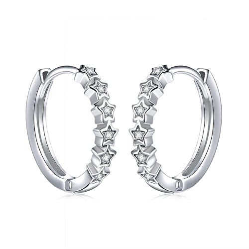 925 Sterling Silver Pave Cz Star Small Hoop Earrings for Women