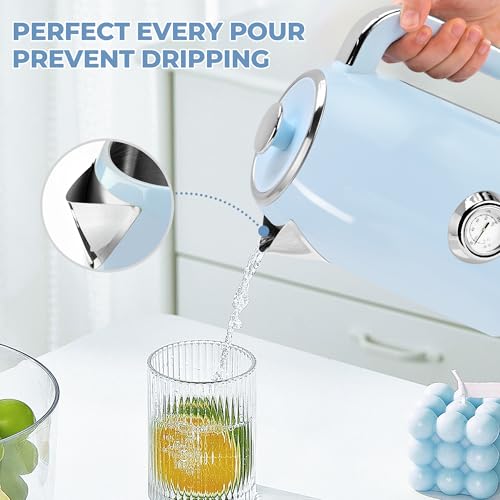 Image of SUSTEAS Electric Kettle - 57oz Hot Tea Kettle Water Boiler with Thermometer, 1500W Fast Heating Stainless Steel Tea Pot, Cordless with LED Indicator, Auto Shut-Off & Boil Dry Protection, Blue