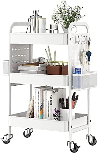 KINGRACK 3-Tier Rolling cart,Storage Trolley with DIY Dual Pegboards on 2 Sides,Utility Cart with Removable Baskets Hooks, Serving Storage Cart Easy Assemble for Office,Home,Kitchen,Classroom White