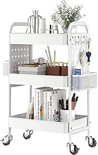 KINGRACK 3-Tier Rolling cart,Storage Trolley with DIY Dual Pegboards on 2 Sides,Utility Cart with Removable Baskets Hooks, Serving Storage Cart Easy Assemble for Office,Home,Kitchen,Classroom White