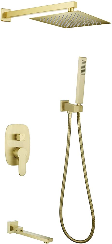 GLJTUO Concealed Shower System, Brushed Gold Brass Wall Mounted Rainfall 3 Functions Shower Faucet System Mixer Set with 10-12" Rain Square Shower Head Spout Tub Mixer,