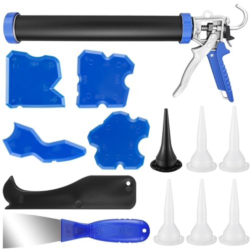 Lasnten Sausage Caulk Gun Kit 600ml/20oz Heavy Duty Silicone Sausage Gun Thrust Ratio 25: 1no-drip Rotating Aluminum Tube Body and Caulking Tools Sealant Grout Scraper for Kitchen Bathroom Sink Joint
