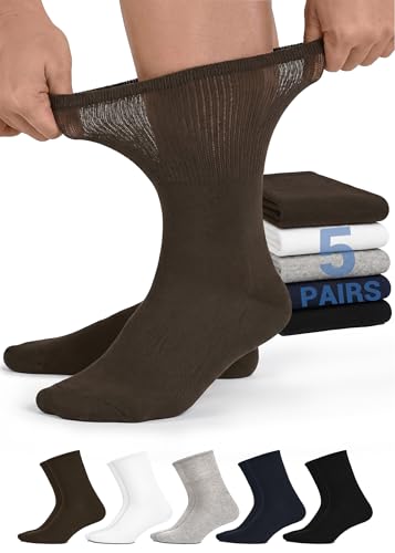 5 Pairs Diabetic Socks for Men Women Natural Ramie Cotton Blend Ankle Socks Non Binding Loose Fit Socks for Swollen Feet, Thin Breathable Neuropathy Socks with Seamless Toe