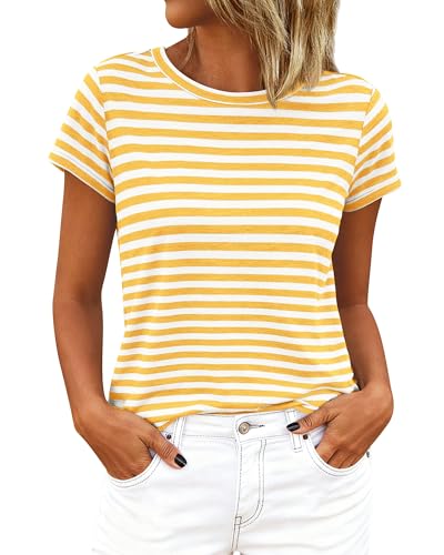 BTFBM Tops for Women Trendy Summer 2026 Crew Neck Short Sleeve T Shirts Striped Casual Vacation Blouse Basic Tee(Yellow White, X-Large)