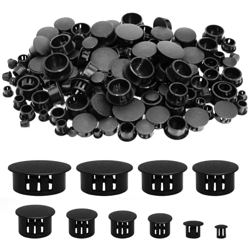 Annickee 150PCS Plastic Hole Plugs Set, Snap-In Locking Caps for Furniture Cabinets 10 Sizes 6/8/10/12/14/16/18/20/22/25mm, Black Drill Hole Cover Caps, Plastic Hole Cover Caps, Panel Hole Plugs