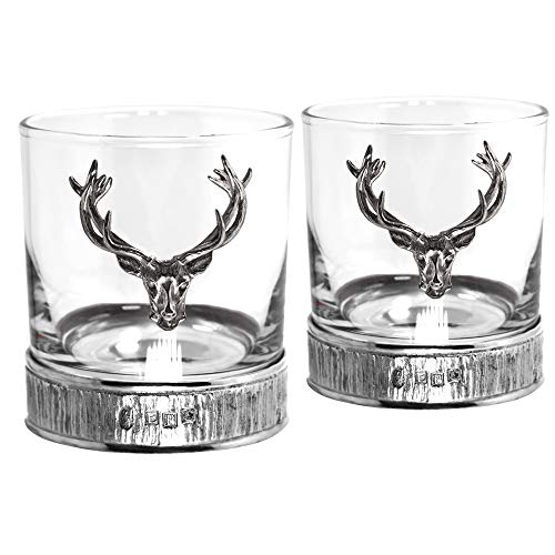 English Pewter Company Double Old Fashioned Whiskey Glass Tumbler Set with Pewter Majestic Stag Head and Base [STAG204]