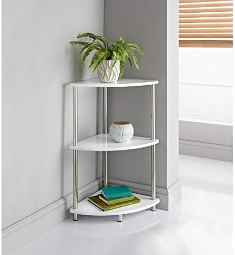 Norsk White Finish 3 Tier Corner Storage Shelves Unit Stainless Steel Legs