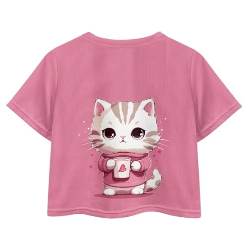 Image of Cat Pattern Summer Tops for Girls Cartoon Kids T Shirts for Girls Skin Friendly Crop Tops for Kids Girls Short Sleeve Girls Summer Shirts Soft Blouses Gift for Birthday, X-Small