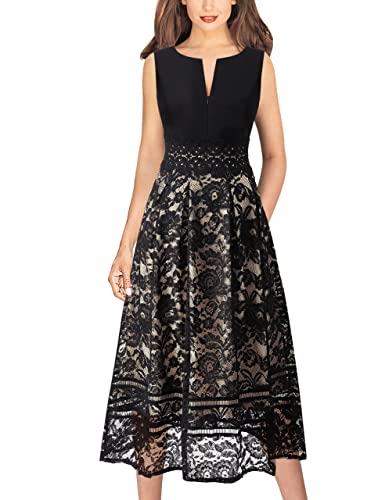 Vfshow Womens Black And Black Lace Pockets Tie Waist Front Zipper Slim Cocktail Party A-Line Dress 9698 Blk S #TOP27