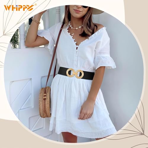 WHIPPY Women Wide Elastic Waist Belt Fashion Hollow Out Round Gold Buckle Stretchy Belt Waistband for Ladies3