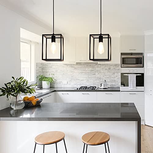 Depuley 1 Light Black Lantern Pendant Light Fixture, Rustic Hallway Chandelier Lighting With Adjustable Cord, Rectangle Metal Cage Hanging Lights For Foyer/Kitchen Island/Bar/Entryway, 1Xe26 Base #TOP3