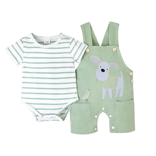 Image of Baby Boy Clothes Infant Summer Outfits Short Sleeve Striped Romper Cute Cartoon Dog Overall Pants Set 2pcs 0-18 Months