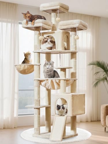 Image of Taoqimiao 76-Inch Cat Tree with Scratching Posts,XXL Cat Tower for Large Cats with Cat Scratching Board,Extra-Large Metal Hammock,3 Perches, 2 Big Condos, Hanging Basket, MS047M, Beige
